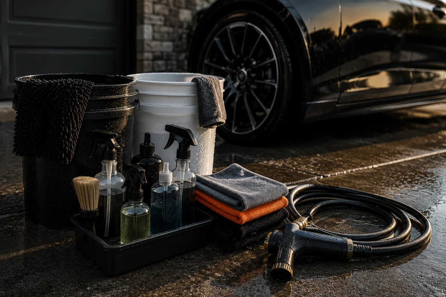 Detailing tools setup on a wet driveway