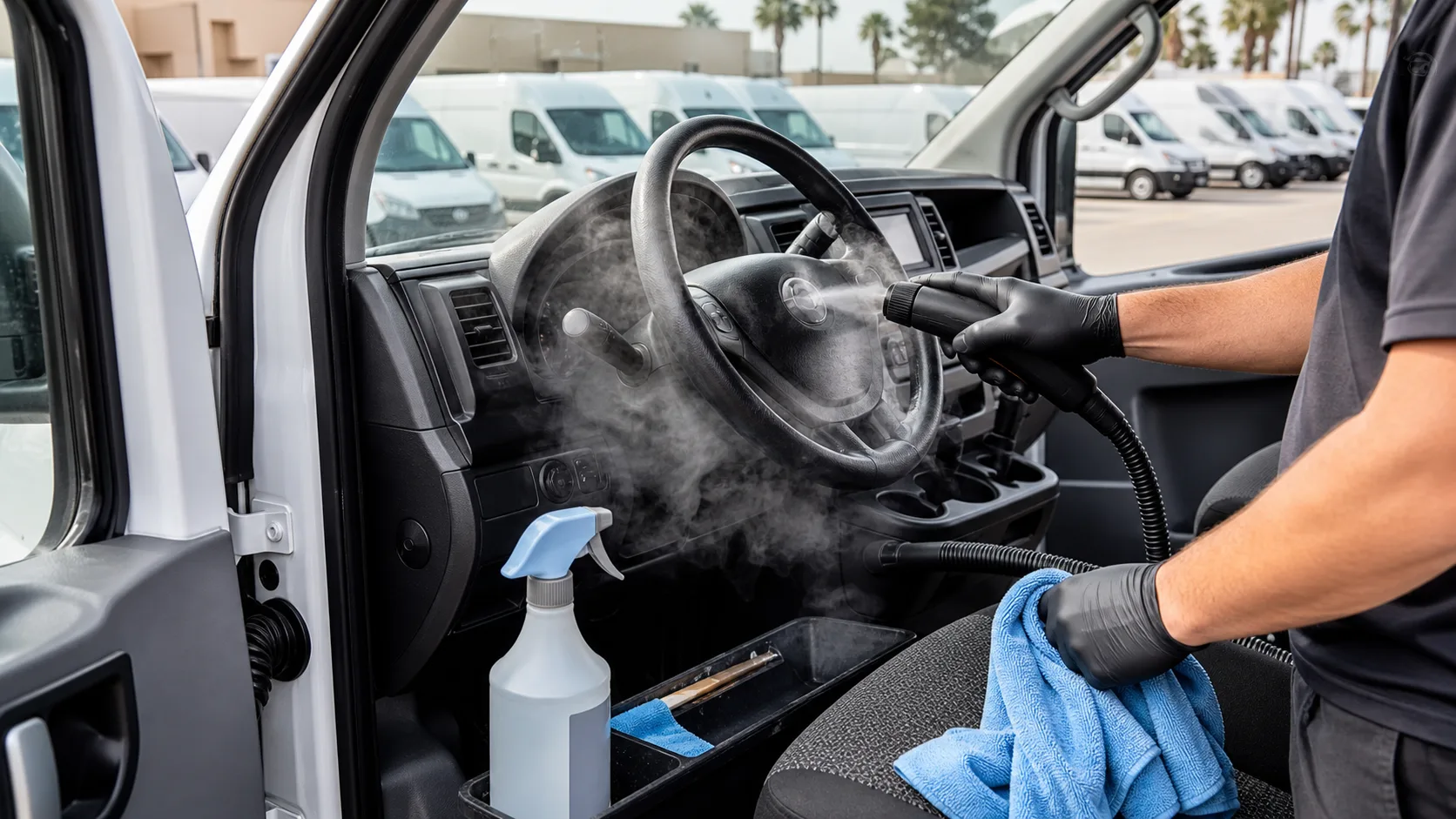 Steam cleaning a fleet vehicle cab steering wheel and touchpoints