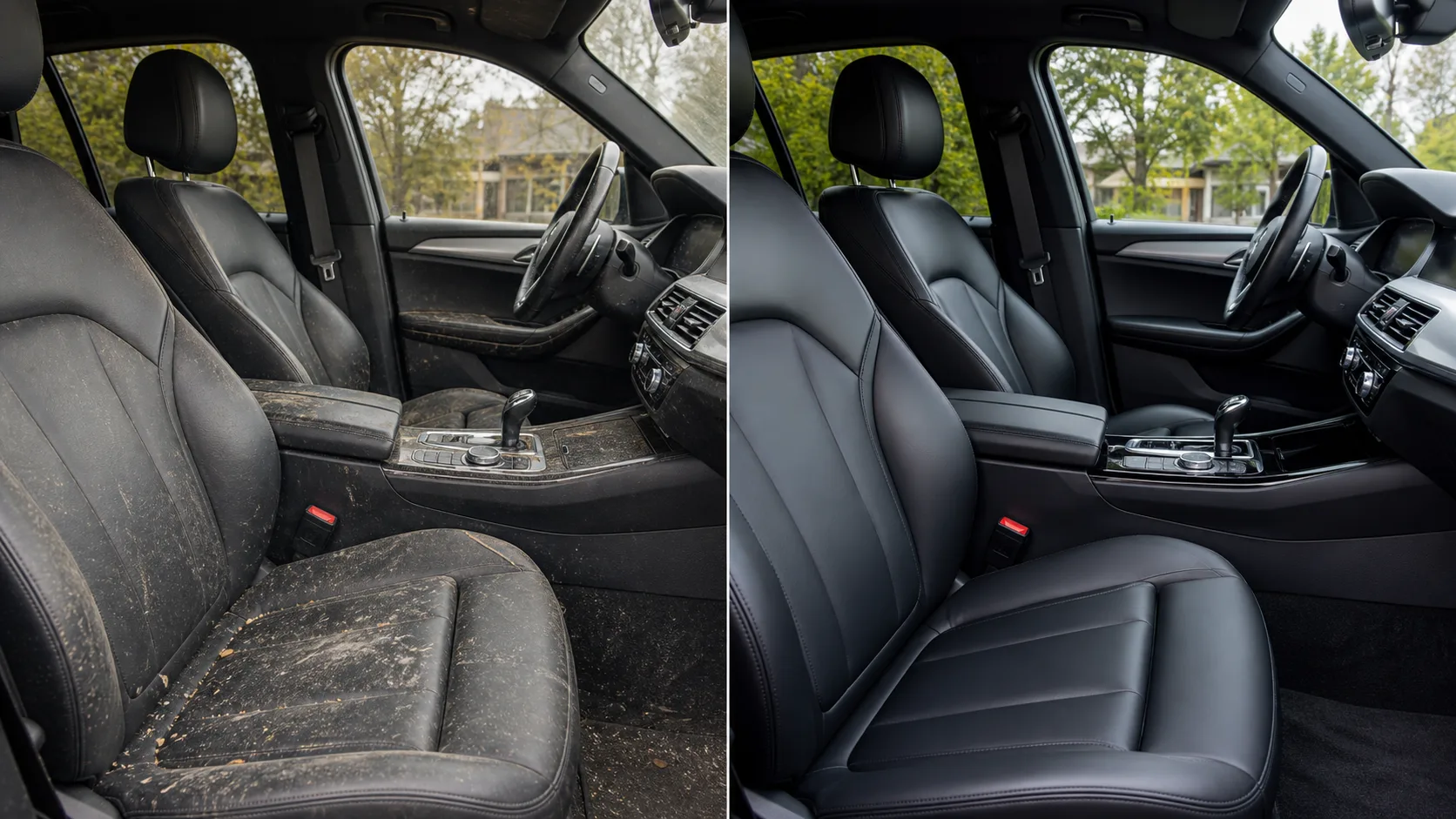 Leather interior reset before and after — Inland Empire mobile detailing